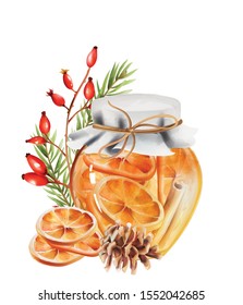 Honey jar with orange slices and cinnamon sticks inside. Pine cone, fir tree leaves and red berries decorations