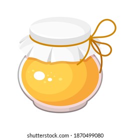 Honey in jar with paper top tied with rope cartoon icon. Beekeeping, apiculture, honeycraft product in packaging. Glass pot filled with apricot, apple jam, confiture. Vector isolated illustration.