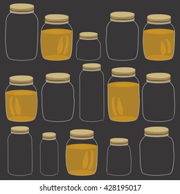 Honey jar pattern. Handdrawn cartoon with glass jars isolated on black. Vector illustration.