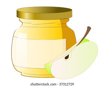 A honey jar with a piece of green apple on a white background.  
A vector illustration of a traditional jewish holiday deligh for Rosh hashana.  