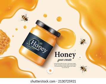Honey jar was placed on the ground with honey dripping around it and put the honeycomb on the left side and there are bees flying around the area,vector 3d for food and drink advertising design