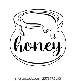 Honey Jar. Honey pot with dripping honey. Black and white outline. Sweet and natural food illustration. Traditional organic product for beekeeping and eco-friendly lifestyle.