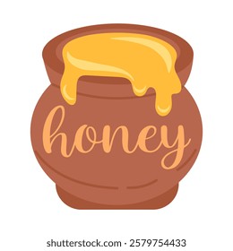 Honey Jar. Honey pot with golden dripping honey. Sweet and natural food illustration. Traditional organic product for beekeeping and eco-friendly lifestyle. Rustic and vintage style honey jar.