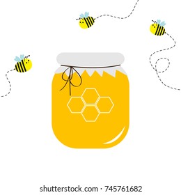 Honey jar pot icon. Honeycomb logo. Beehive element. Flying bee insect dash line set. Paper top and bow. Yellow healthy food. Isolated. White background. Flat design. Vector illustration