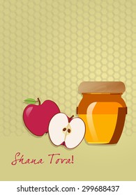 Honey Jar & Red Apples Greeting card design vector template. Jewish New Year greeting card with holiday symbols. Greeting text Shana tova! Editable eps10 contains the Honeycomb pattern swatch. 