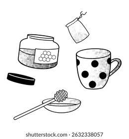 Honey jar, reusable tea bag, mug, honey dipper, black and white line art for eco-friendly living