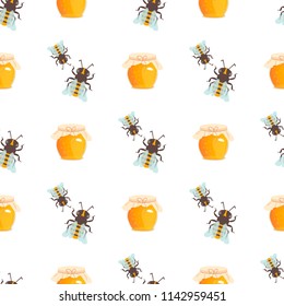 Honey jar seamless pattern with bee sketch vector illustration. Honey jar seamless pattern yellow wallpaper sweet texture food. Hexagon honey jar seamless pattern beehive decoration nature concept.