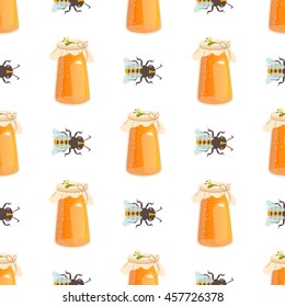 Honey jar seamless pattern with bee sketch vector illustration. Honey jar seamless pattern yellow wallpaper sweet texture food. Hexagon honey jar seamless pattern beehive decoration nature concept.