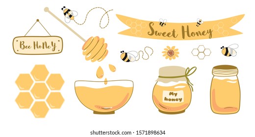 Honey jar set Bee honey bowl wooden spoon wildflowers glass jars with honey, drops. Text sweet honey on ribbon. Yellow healthy food design elements isolated on white. Vector illustration.
