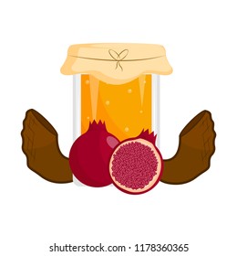 Honey jar with shofars and pomegranates. Rosh hashanah