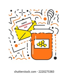 Honey jar with spindle spoon textured icon concept design with dots and lines. Happy thanksgiving day greeting card isolated on white. Traditional harvest holiday symbols. Flat vector illustration