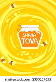 Honey jar with honey . Honey splash, fresh healthy food.  Traditional sweet dessert for Rosh Hashanah, Jewish New Year. Traditional symbols. Template for postcard or invitation card, poster, banner. 