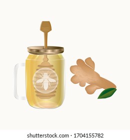 Honey in a jar with a spoon - ginger root - isolated on white background - vector. Products for the immune system. Health care.