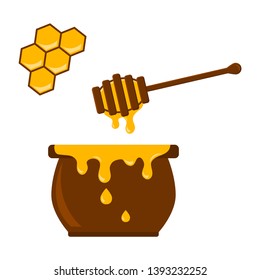Honey jar, spoon and honeycomb. Vector illustration