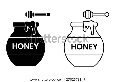 Honey jar and honey spoon icon vector set. Silhouette of honey jar icon symbol. Honeycomb icon in solid. Vector illustration.