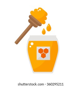 Honey jar with spoon isolated icon on white background. Drizzler and drops. Beekeeping product. Flat style vector illustration. 