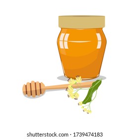 Honey jar, spoon and linden flowers on a white isolated background. Vector illustration.