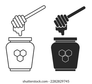 Honey jar with spoon linear icon. Symbol dipper honey. Outline vector illustration. EPS 10