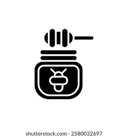 Honey jar with spoon linear icon. Symbol dipper honey. Outline vector illustration.  Isolated on white background.