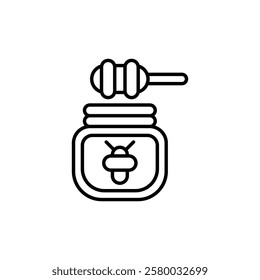 Honey jar with spoon linear icon. Symbol dipper honey. Outline vector illustration.  Isolated on white background.