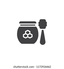 Honey jar with spoon vector icon. filled flat sign for mobile concept and web design. Honey ladle simple solid icon. Symbol, logo illustration. Pixel perfect vector graphics