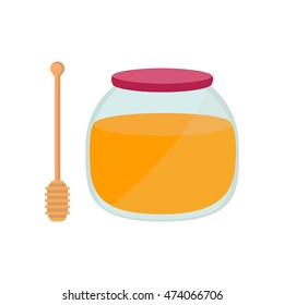 Honey in jar with a spoon for honey. Vector illustration.