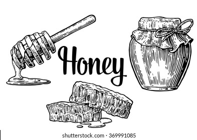 Honey jar and stick. Engraving vintage vector black illustration. Isolated on white background. Hand drawn design element for label and poster