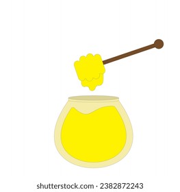 Honey jar and stick with liquid honey flowing in a puddle isolated on white background. Vector illustration