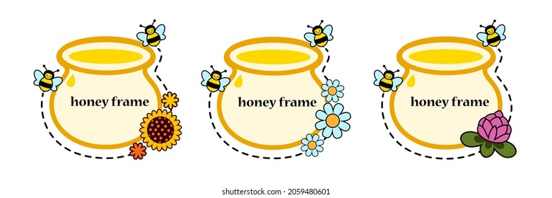 Honey Jar Stickers. Honey jar pot ,cute bees and various flowers (chamomile, sunflower and clover) .Isolated vector images in cartoon style. Clipart for package label design.