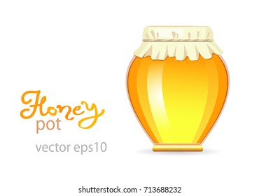 Honey Jar with textile cap. Vector realistic object isolated on white background.