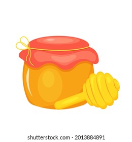 Honey in a jar tied with a rope with a wooden spoon.