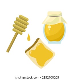 Honey jar and toast. Healthy breakfast illustration isolated on white background. 