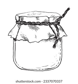 Honey jar vector graphic illustration. Line drawing of pot with linen cloth cap and rope realistic clipart of natural organic healthy food, Rosh Hashanah designs