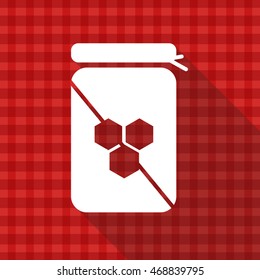 Honey jar vector icon on red tablecloth texture