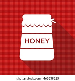 Honey jar vector icon on red tablecloth texture