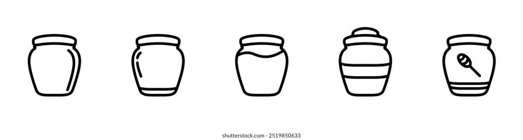 Conjunto de iconos de Vector de tarro de miel. Un frasco de miel brillante. Icono lineal de Vector de miel. Esquema de un tarro de miel. Logotipo de la apicultura. Un frasco con estilo. Ilustración vectorial.