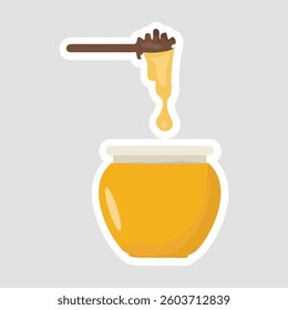 Honey Jar Vector Illustration Sticker. A cute honey jar vector illustration sticker featuring a dripping honey dipper. Perfect for food, nature, and sweet-themed designs