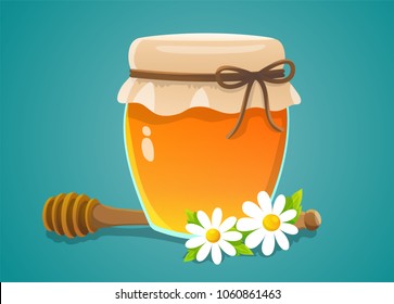 Honey jar with wood dipper and daisies on blue background. Vector illustration.