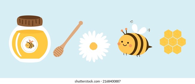 Honey jar, wooden dipper, daisy flower, bee cartoon and beehive logo on blue background vector illustration.