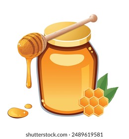 Honey jar and wooden honey dipper with honeycomb isolated on white background.