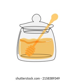 Honey jar and wooden dipper icon on white background. Vector illustration.