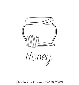 Honey jar and wooden dipper icon. Simple cartoon illustration