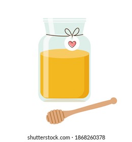 Honey jar and wooden dipper isolated on white background vector illustration.