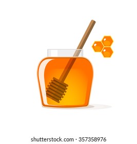 Honey jar with wooden dipper vector illustration, glass pot with yellow syrup flat icon, honeycombs cells modern design isolated on white background - Powered by Shutterstock - Get 15% off with code: PIKWIZARD15