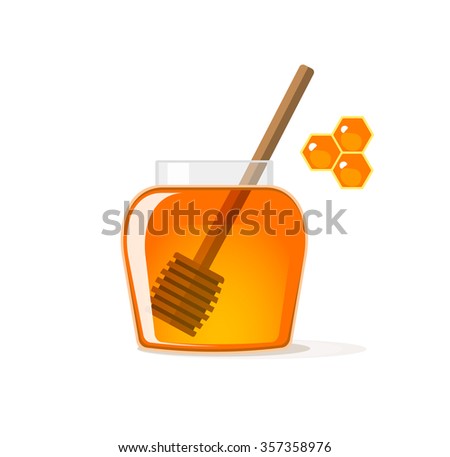 Honey jar with wooden dipper vector illustration, glass pot with yellow syrup flat icon, honeycombs cells modern design isolated on white background