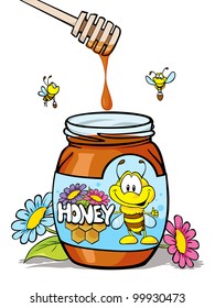 honey jar with wooden spoon and honey dripping