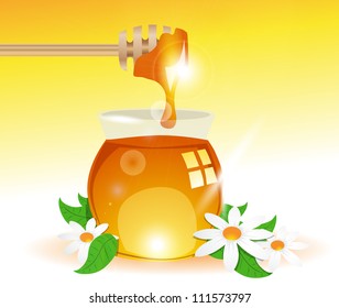 Honey jar with a wooden stick eps10