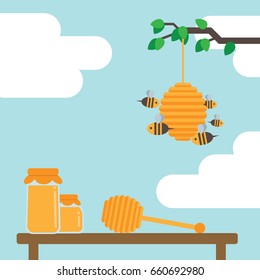 Honey jars with beehive and bees vector illustration. Flat design.