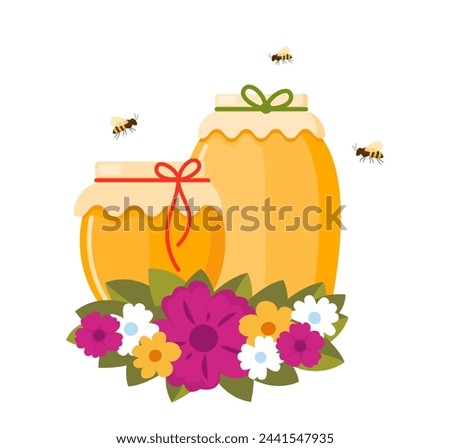 Honey jars, bees and flowers. Apiary symbol. Bee, honey, bank, honey pot comb. Natural healthy food production. Sticky ingredient dessert. Vector illustration