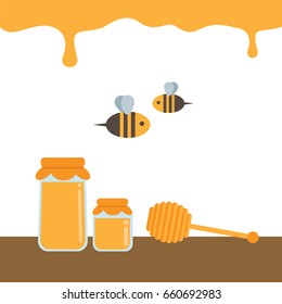 Honey jars with bees vector illustration. Flat design.